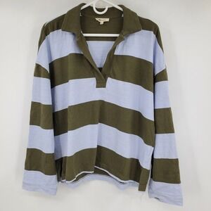 Madewell Rugby Polo Striped Collared Long Sleeve Shirt Women Medium Olive Blue